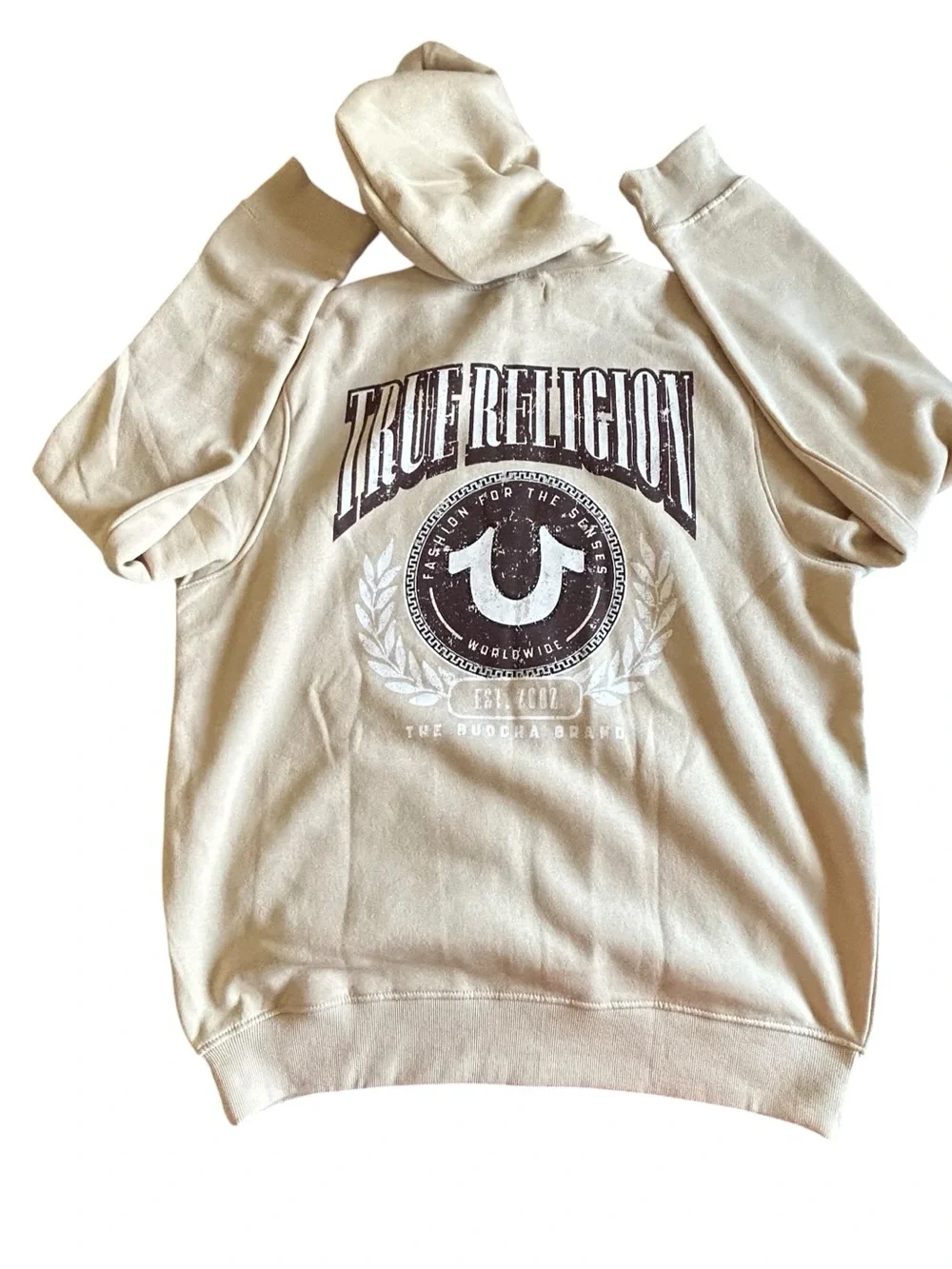 True Religion Cream Full-Zip Hooded Sweatshirt with Chest Patch